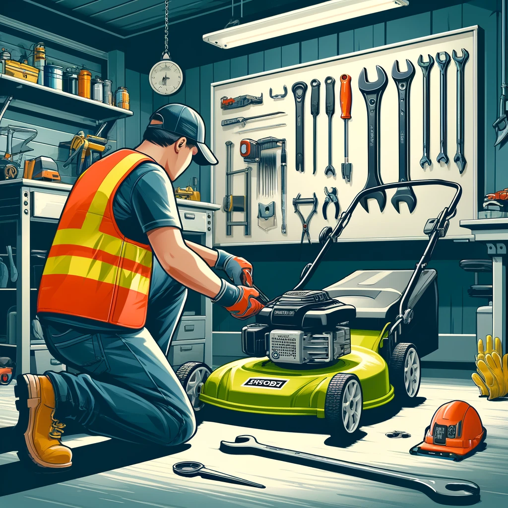 DALL·E 2024 04 19 20.26.23 An illustration showing a person in a safety vest and gloves removing a lawn mower blade using a wrench with a Ryobi lawn mower tipped on its side.