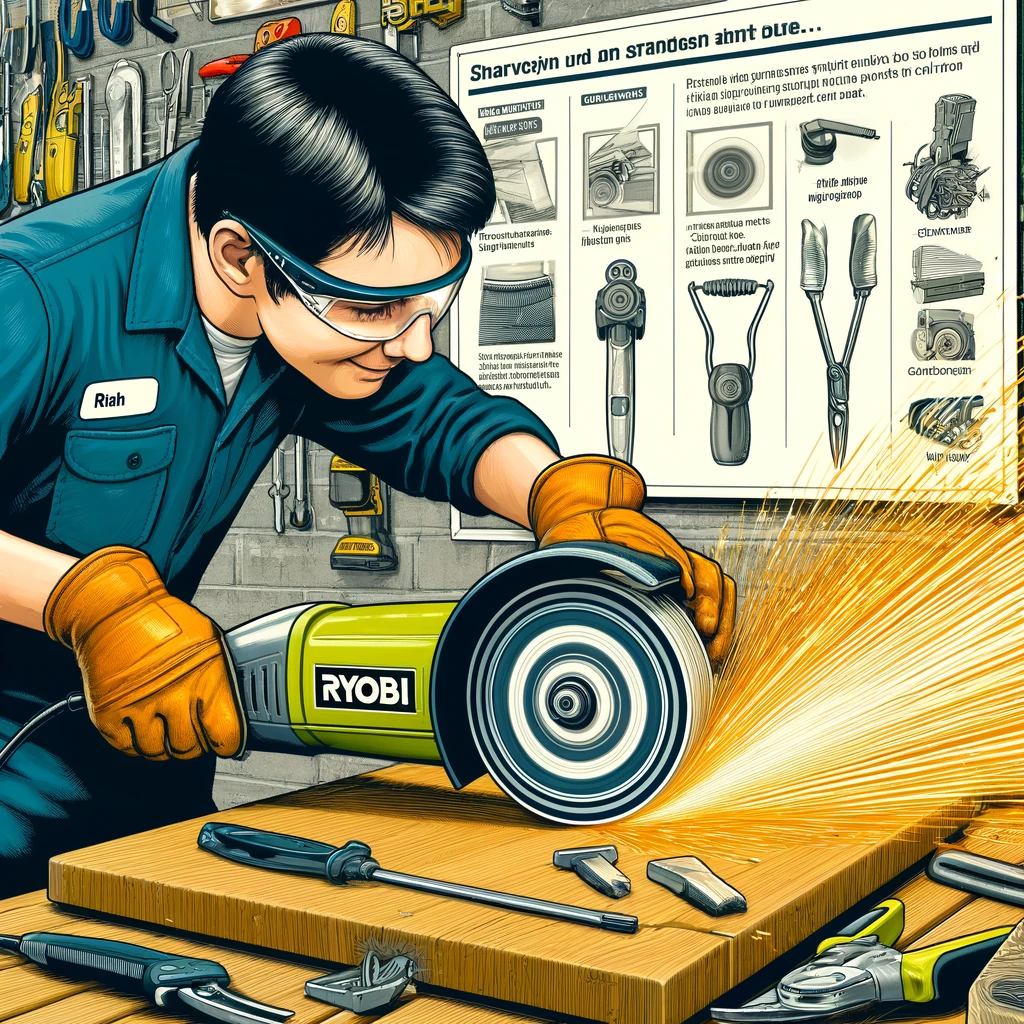 DALL·E 2024 04 19 20.26.38 A detailed illustration of a person in a workshop using a bench grinder to sharpen a Ryobi lawn mower blade. The scene shows the grinder in action wit