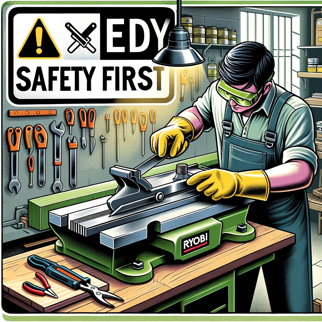 DALL·E 2024 04 19 20.28.07 An illustration depicting a person preparing to sharpen Ryobi lawn mower blades focusing on safety first. The scene includes a person wearing protect