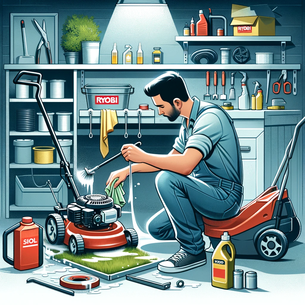 DALL·E 2024 04 19 20.28.17 An illustration showing a person engaging in regular maintenance of Ryobi lawn mower blades. The scene depicts a well organized garage with the person