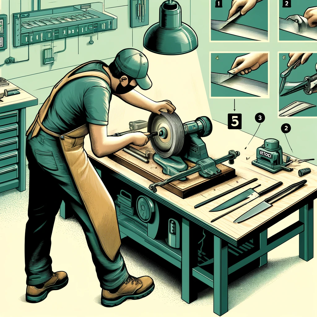 DALL·E 2024 04 19 20.28.25 An illustration showing a detailed step by step guide to sharpening Ryobi lawn mower blades. The scene depicts a person in a workshop environment act