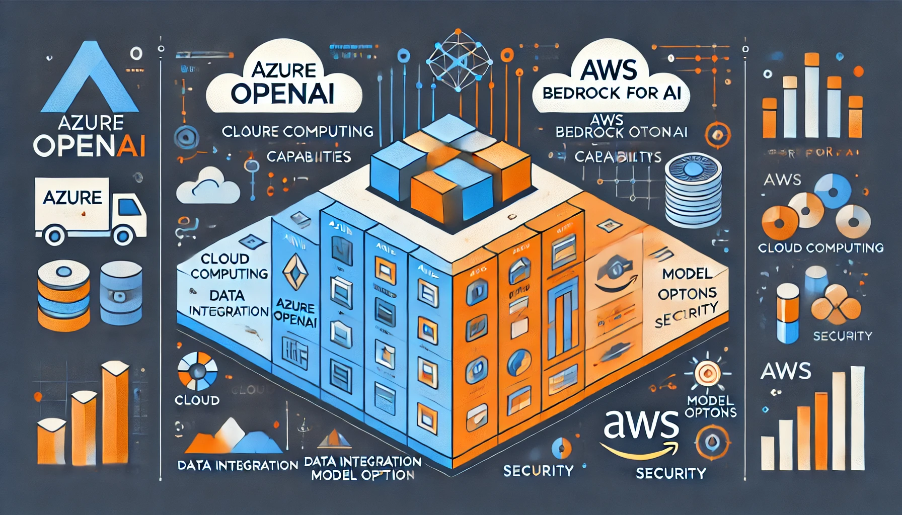 DALL·E 2024 10 26 09.12.36 Illustrate a feature image showing a breakdown of key aspects of Azure OpenAI and AWS Bedrock for AI capabilities each side representing their distin