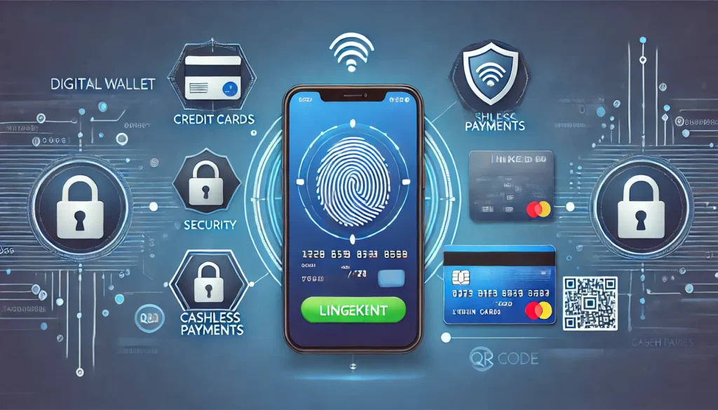 DALL·E 2024 10 26 19.45.59 Image showing a smartphone screen with a digital wallet app open displaying linked credit cards a fingerprint icon for security and icons for cashl