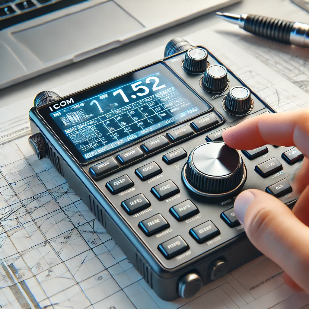 DALL·E 2024 11 02 12.26.04 An image representing the ICOM ID 52 transceiver in use with focus on the devices display and buttons suggesting functionality and high tech featur